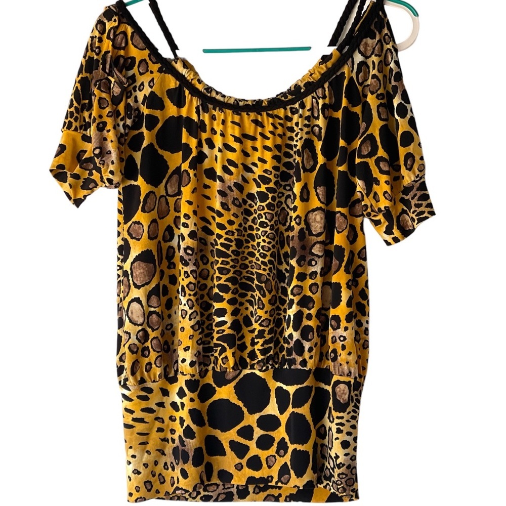 Linda Segal Women’s Yellow Leopard Animal Print Cut Out Shoulder Blouse Top, S